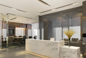 Modern office interior with marble reception desk